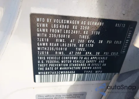2012 Volkswagen Tiguan Se from USA, damaged, VIN WVGBV7AX2CW586454